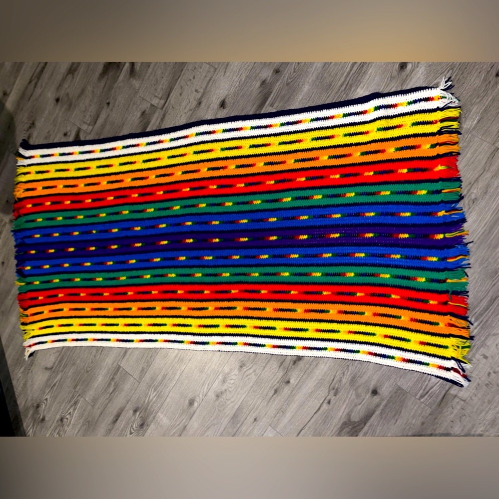 Vintage Large Crochet‎ Blanket Afghan Throw Multi Color Rainbow Stripe .